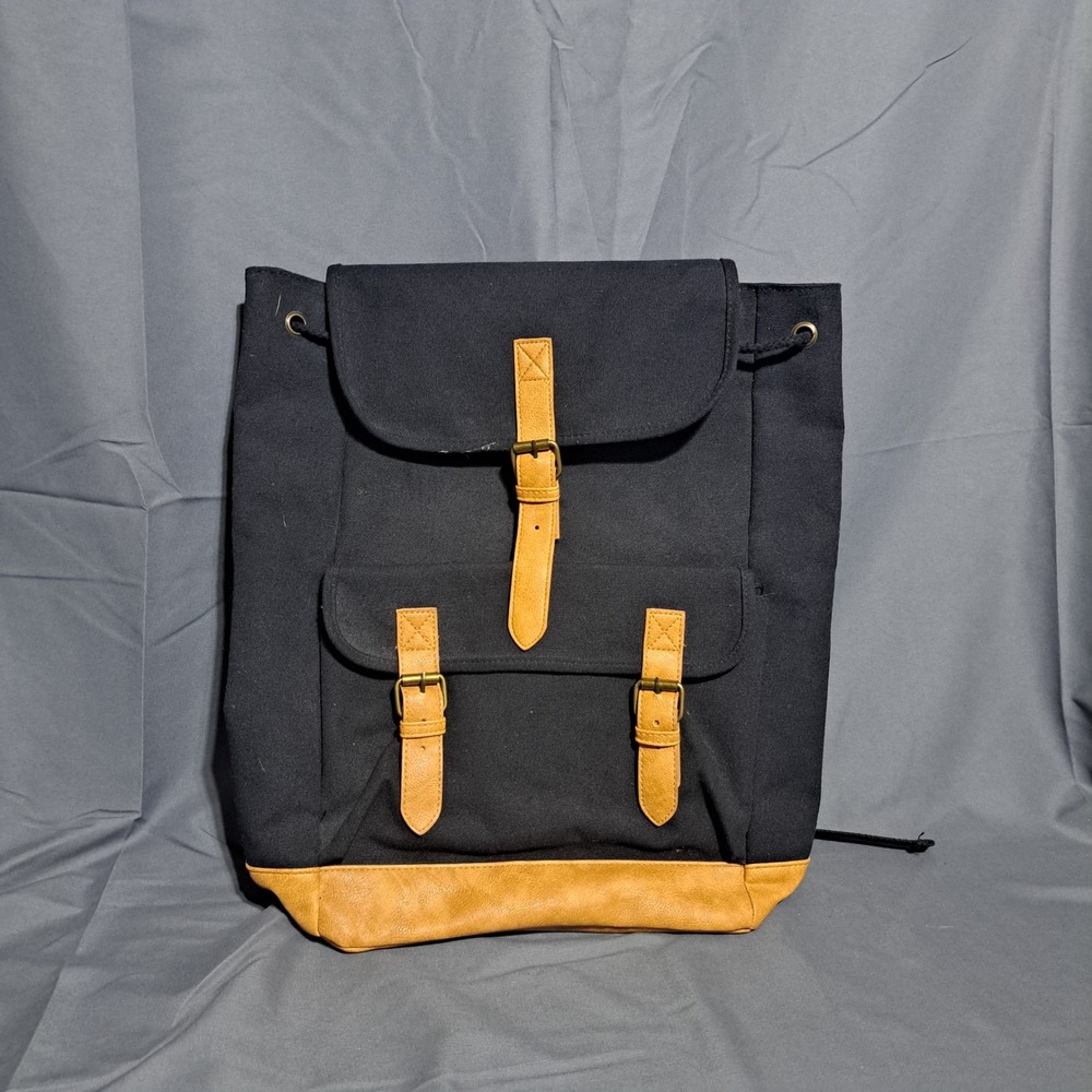 DSW Black‎ Canvas Backpack Faux Leather Trim Buckle Detail Pockets VGUC